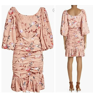 NWOT $229 By TiMo Ruched Floral Embroidered Jacquard Dress - Puff Sleeve Ruffles